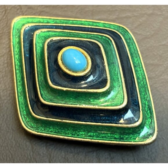 Vintage FLORENZA Blue & Green Enamel Gold Tone Brooch Geometric Modernist - Picture 3 of 8